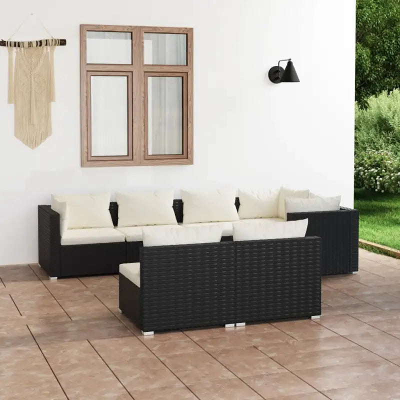 Poly Rattan Lounge Set met Waterbestendig Materiaal en Diepte Zitting - Zwart en crème / 3x hoek + 4x midden - Tuinsets