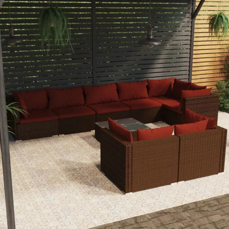 Poly Rattan Lounge Set met Waterbestendig Materiaal en Diepte Zitting - Bruin en kaneelrood / 5x hoek + 3x midden