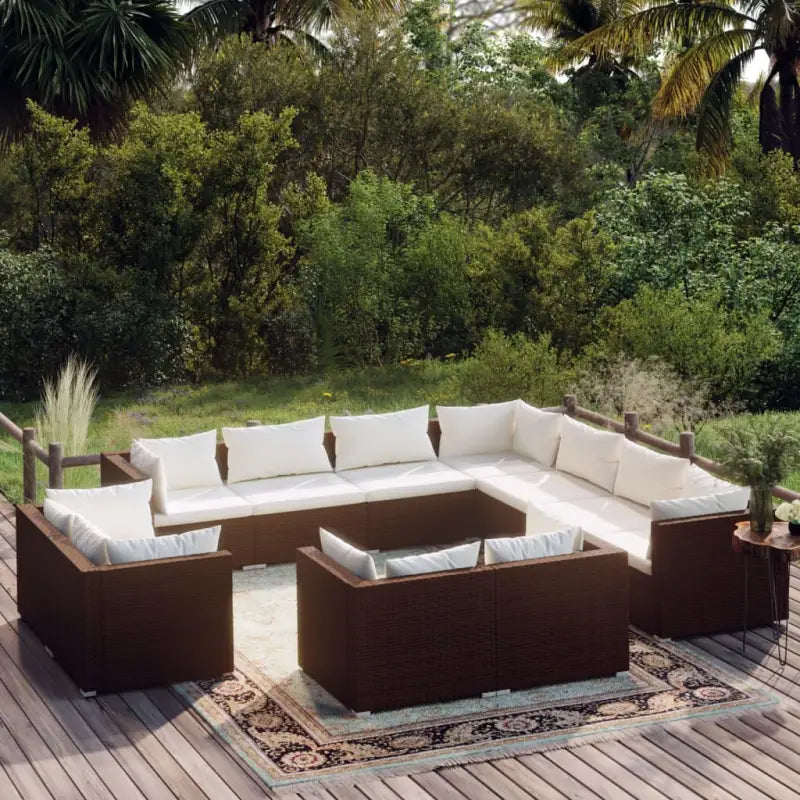 Poly rattan loungeset met diepte zitting voor moderne buitenruimte - Bruin en wit / 7x hoek + 4x midden - Tuinsets