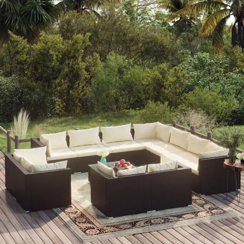 Poly rattan loungeset met diepte zitting voor moderne buitenruimte - Zwart en crème / 7x hoek + 4x midden + Tafel