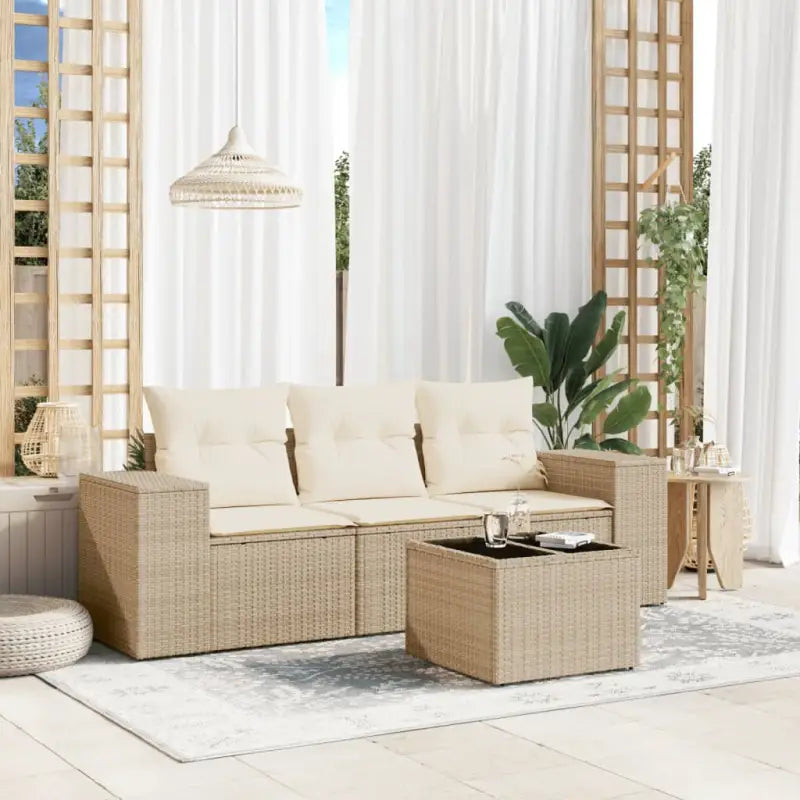 Poly rattan loungeset met gepoedercoat staal afmetingen en waterdichte tas - beige en crèmekleurig / Met tafel