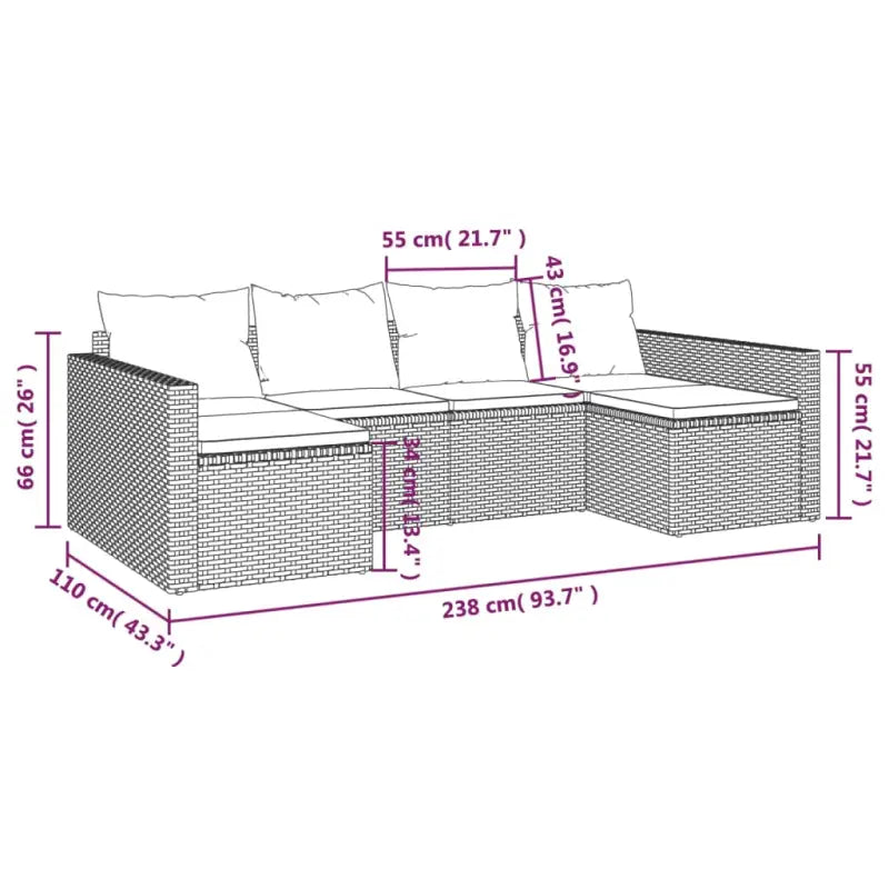 Poly rattan loungeset met U-vormige bank in zwart materiaal - Tuinsets