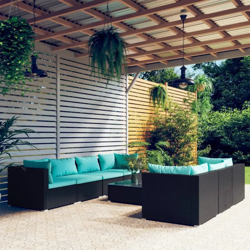 Poly Rattan Tuinset voor Familie en Vrienden Met Modulair Ontwerp - Zwart en blauw / 4x hoek + 3x midden + Tafel