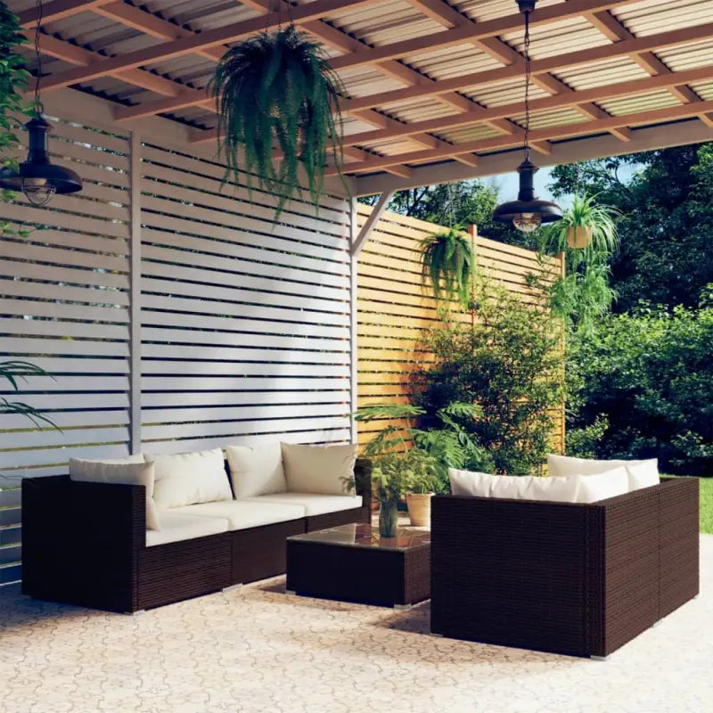 Poly Rattan Tuinset voor Familie en Vrienden Met Modulair Ontwerp - Bruin en crème / 4x hoek + midden + Tafel - Tuinsets