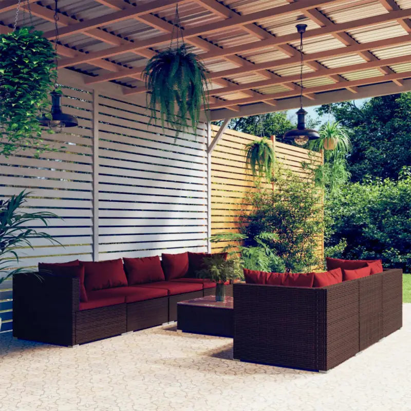 Poly Rattan Tuinset voor Familie en Vrienden Met Modulair Ontwerp - Bruin en rood / 4x hoek + 3x midden + Tafel