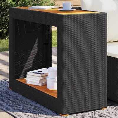 Poly rattan tuintafel met houten blad eenvoudig schoon en veelzijdig