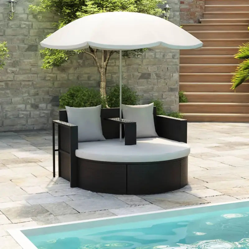 Rattan Loungeset met parasol voor in de tuin - Zwart en wit - Tuinbedden