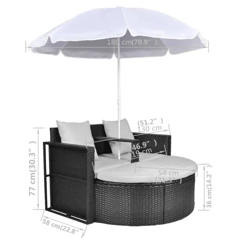 Rattan Loungeset met parasol voor in de tuin - Zwart en wit - Tuinbedden