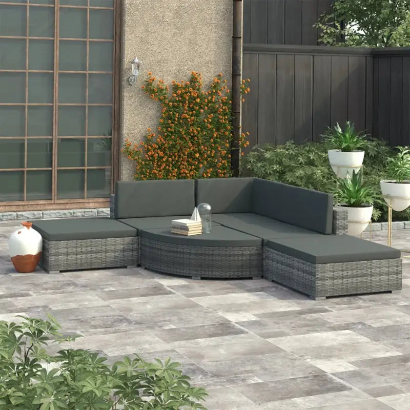 Rattan loungeset met waaiervormige hocker voor het hele jaar door buitengebruik - Grijs - Tuinsets