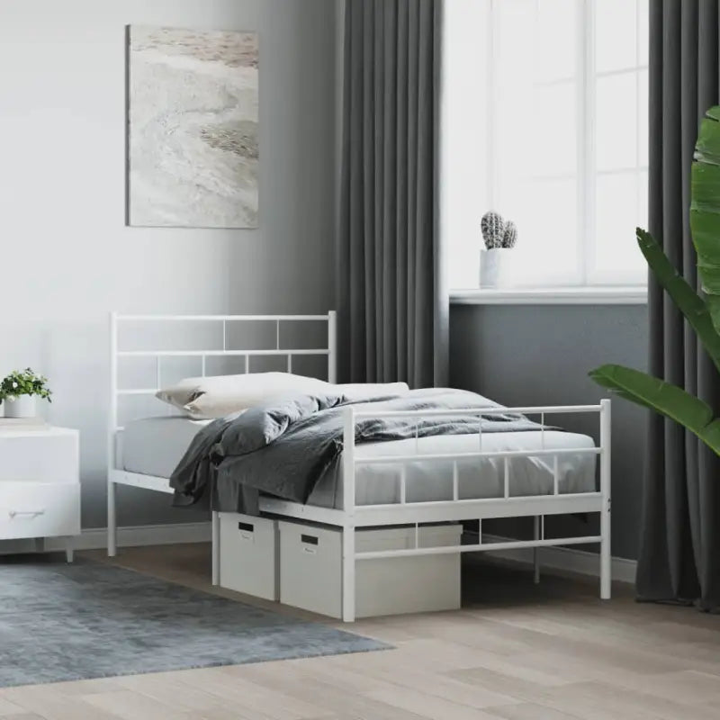 Robuust metalen bedframe met metalen latten en extra opbergruimte - Wit / 107 x 203 cm / met hoofdbord & voetbord