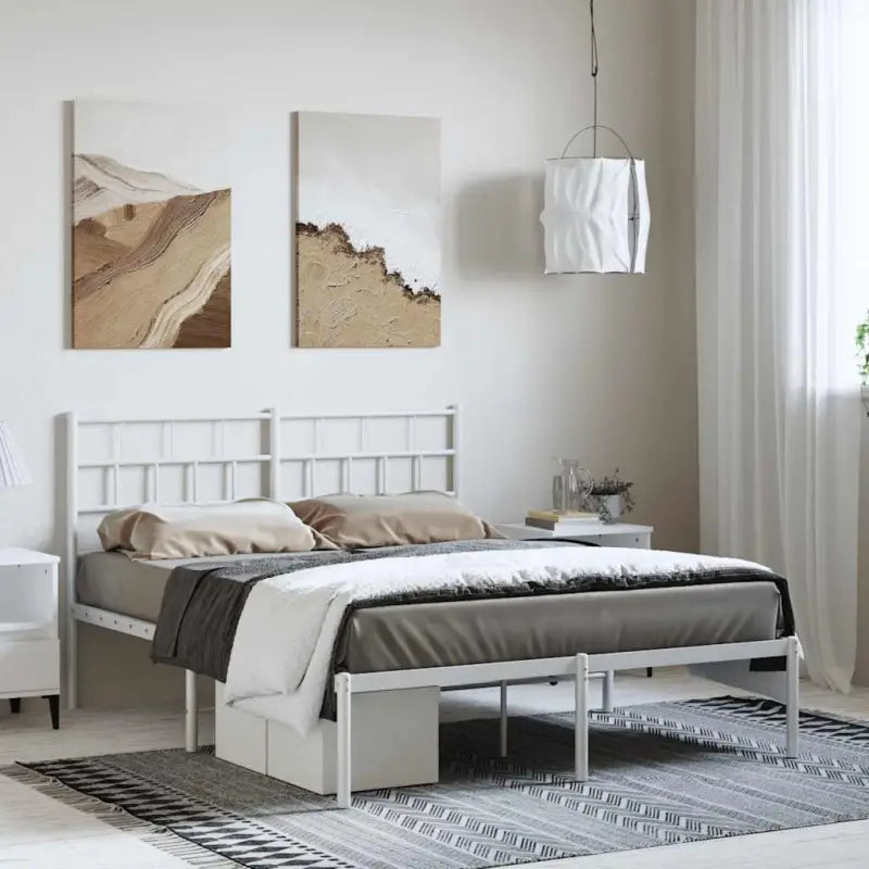 Robuust metalen bedframe met metalen latten en extra opbergruimte - Wit / 135 x 190 cm / met hoofdbord - Bedden &