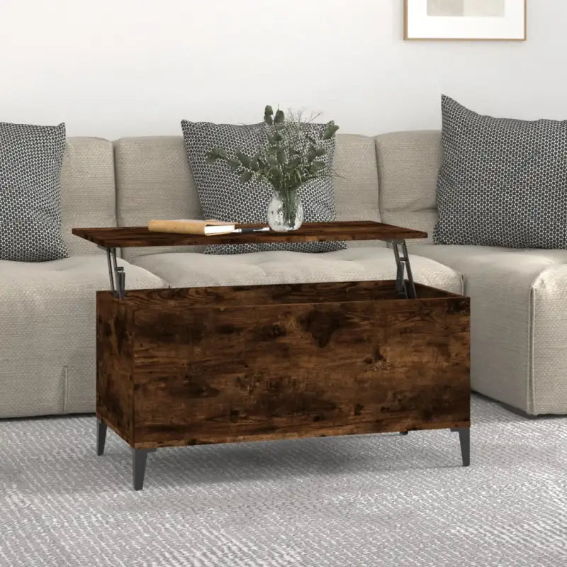 Salontafel Hoogglans Wit met Lift-Top in Bewerk Hout - Gerookt eiken / 1 / 90 cm - Salontafels