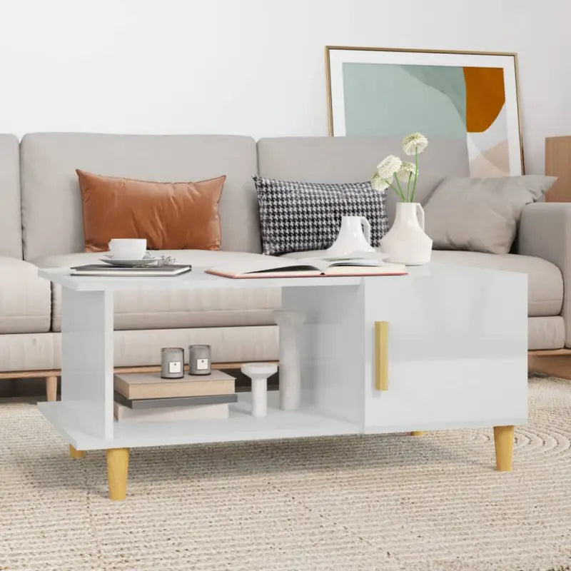 Salontafel in hoogglans wit met bewerkt hout voor een elegante woonkamer - Hoogglans wit / 1 - Salontafels