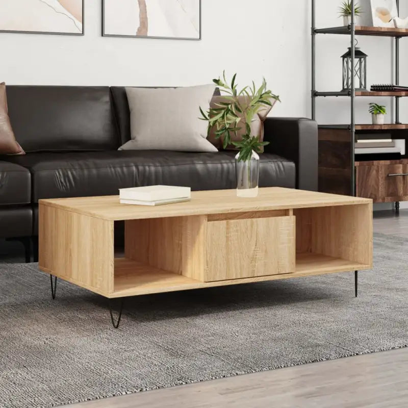 Salontafel met bewerkt hout en ijzeren poten voor een stijlvolle woonkamer - Sonoma eiken / 1 - Salontafels