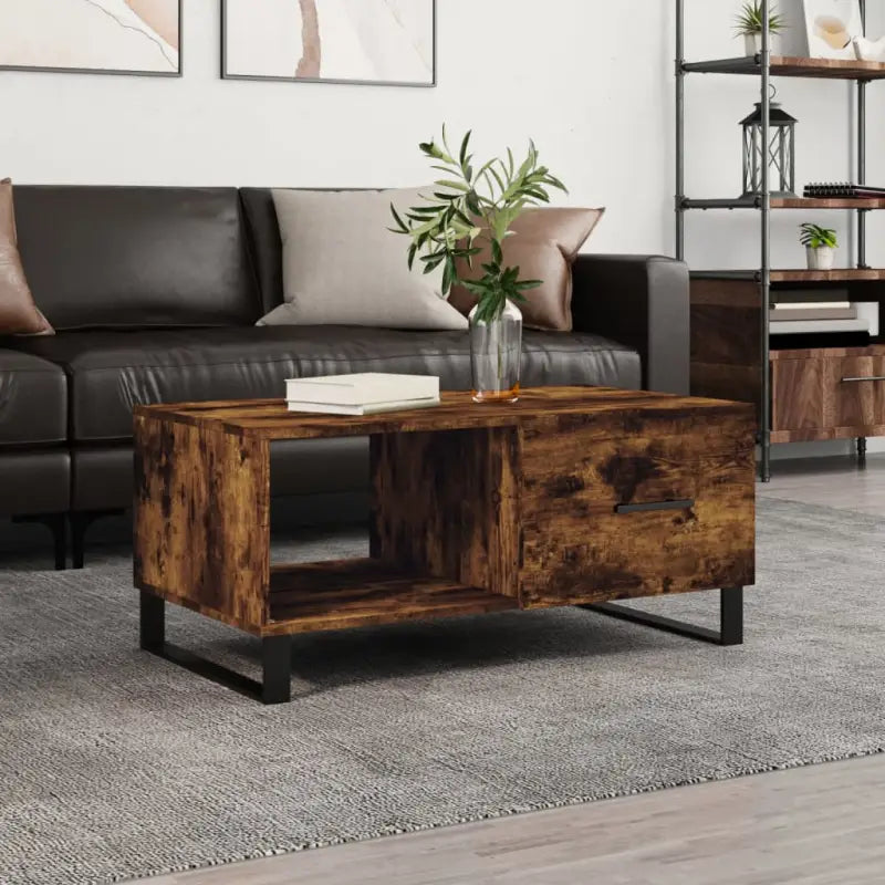 Salontafel met bewerkt hout en ijzeren poten voor een stijlvolle woonkamer - Gerookt eiken / 1 - Salontafels
