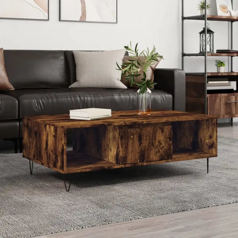Salontafel met bewerkt hout en ijzeren poten voor een stijlvolle woonkamer - Gerookt eiken / 1 - Salontafels