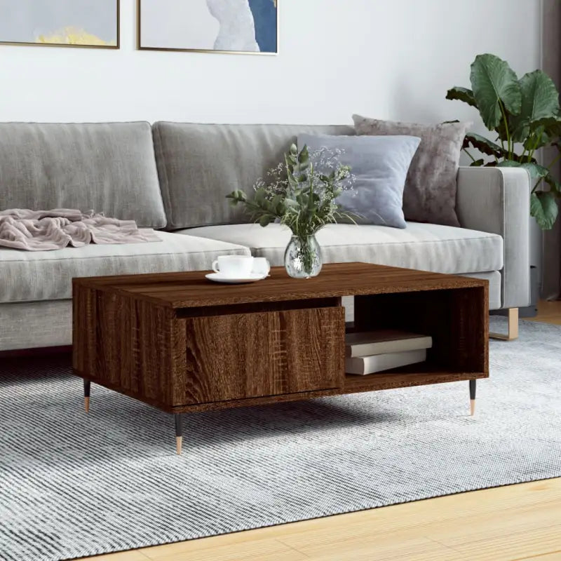 Salontafel met bewerkt hout en ijzeren poten voor stijl en functionaliteit - bruin eikenkleur / 1 - Salontafels