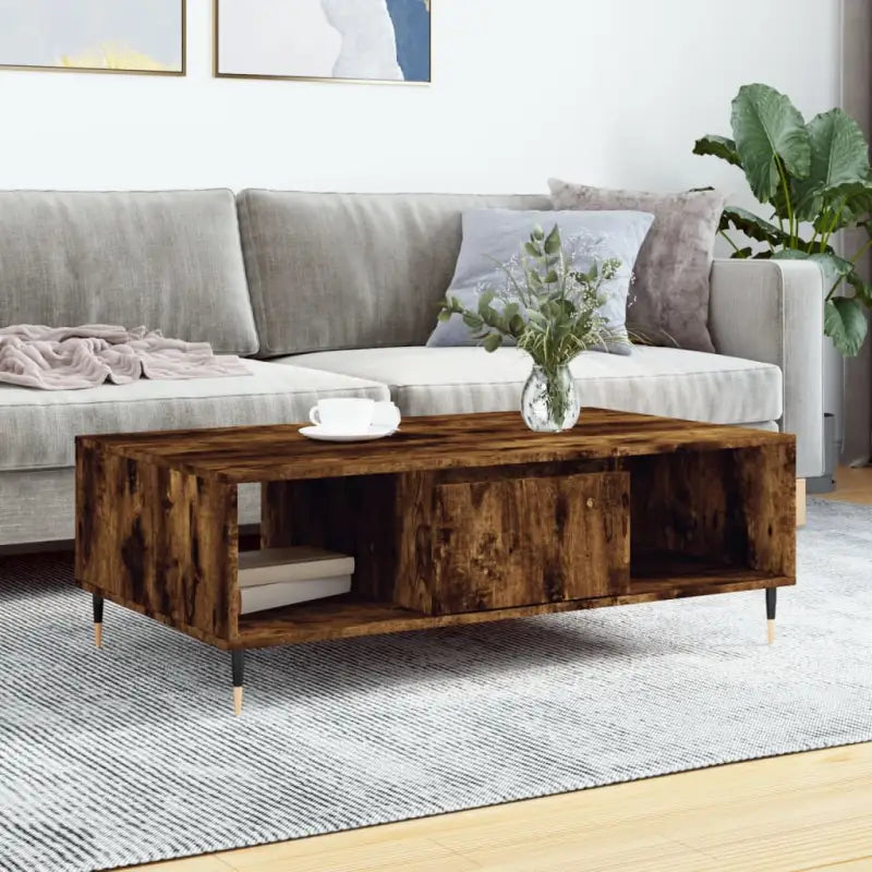 Salontafel met bewerkt hout en ijzeren poten voor stijl en functionaliteit - Gerookt eiken / 1 - Salontafels