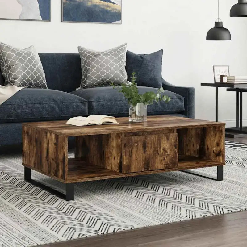 Salontafel met bewerkt hout en ijzeren poten voor stijl en functionaliteit - Gerookt eiken / 1 - Salontafels