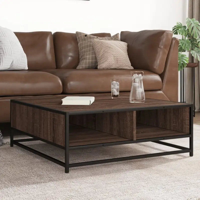 Salontafel met bewerkt hout en metalen frame in industriële stijl - brown oak and black / 80 x 80 x 30 cm / 1
