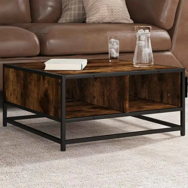 Salontafel met bewerkt hout en metalen frame in industriële stijl - smoked oak and black / 60.5 x 60.5 x 30 cm / 1