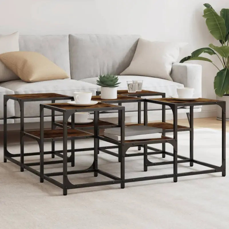 Salontafel met bewerkt hout en metalen frame met verstelbare poten - Gerookt eiken / 91 x 91 x 40 cm / 1 - Salontafels