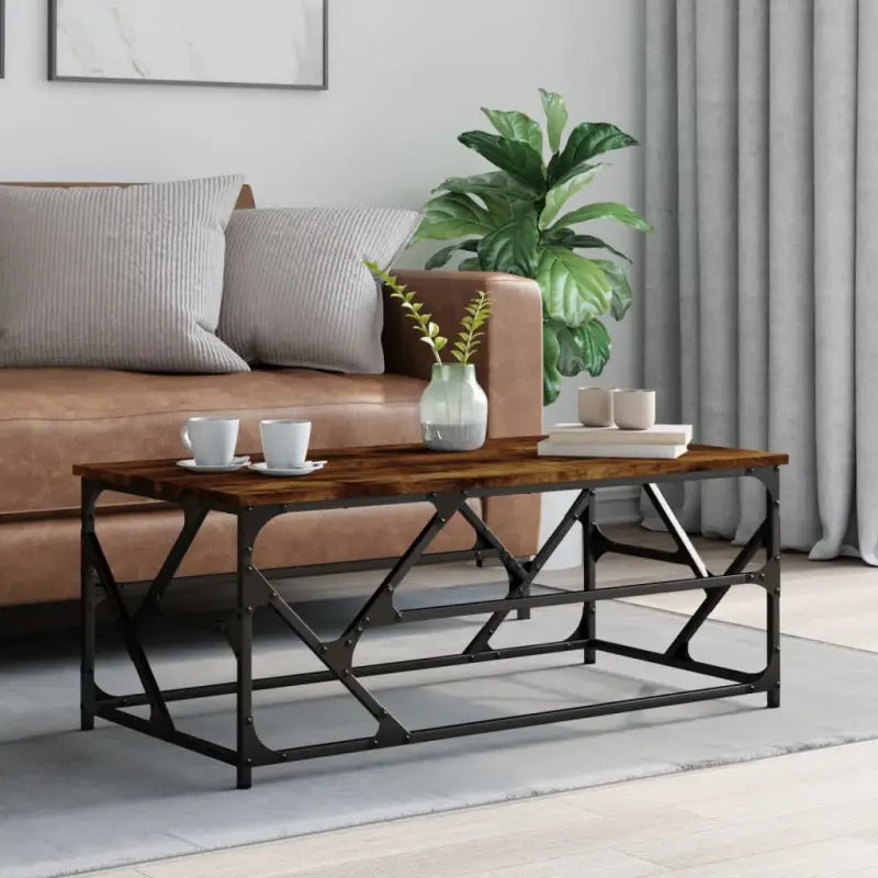 Salontafel met bewerkt hout en metalen frame met verstelbare poten - Gerookt eiken / 100 x 50 x 40 cm / 1 - Salontafels