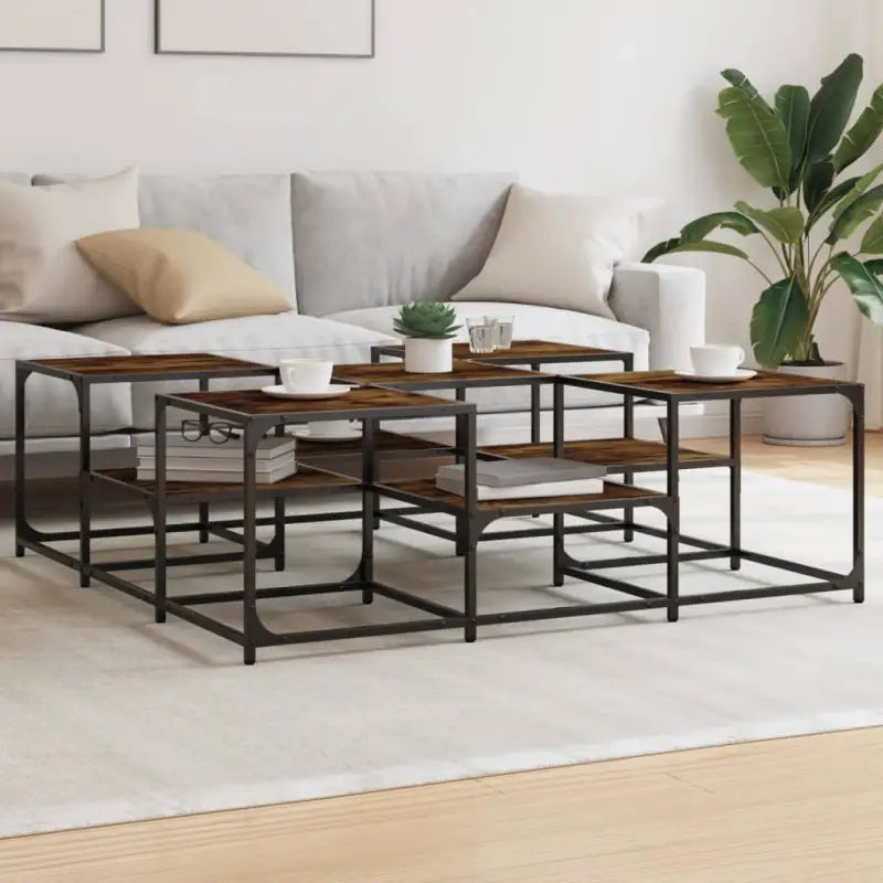 Salontafel met bewerkt hout en metalen frame met verstelbare poten - Gerookt eiken / 121 x 121 x 40 cm / 1 - Salontafels