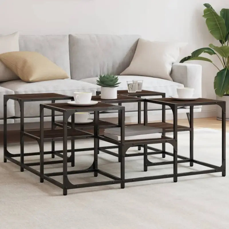 Salontafel met bewerkt hout en metalen frame met verstelbare poten - bruin eikenkleur / 91 x 91 x 40 cm / 1