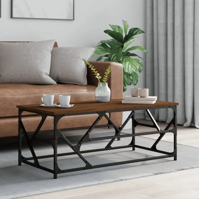 Salontafel met bewerkt hout en metalen frame met verstelbare poten - bruin eikenkleur / 100 x 50 x 40 cm / 1