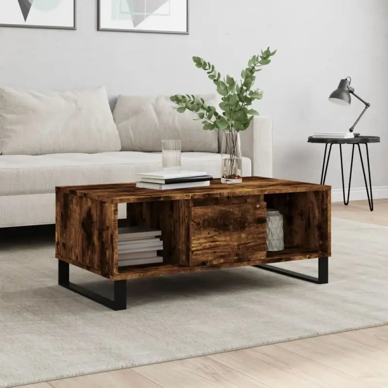 Salontafel met bewerkt hout en metalen poten voor een elegante woonkamer - Gerookt eiken / 1 - Salontafels