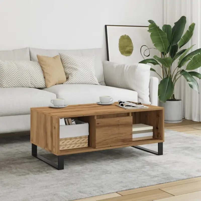 Salontafel met bewerkt hout en metalen poten voor een elegante woonkamer - artisanaal eikenkleurig / 1 - Salontafels