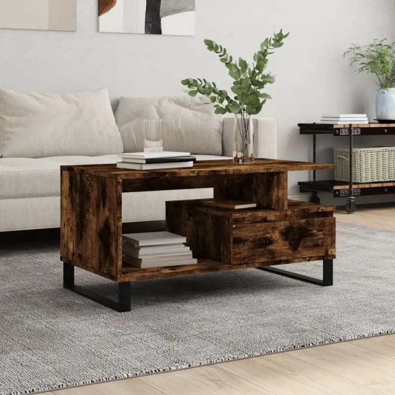 Salontafel met bewerkt hout en metalen poten voor een stijlvolle woonkamer - Gerookt eiken / 1 - Salontafels