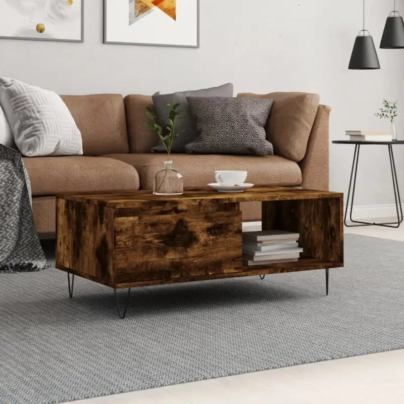 Salontafel met bewerkt hout en metalen poten voor een stijlvolle woonkamer - Gerookt eiken / 1 - Salontafels
