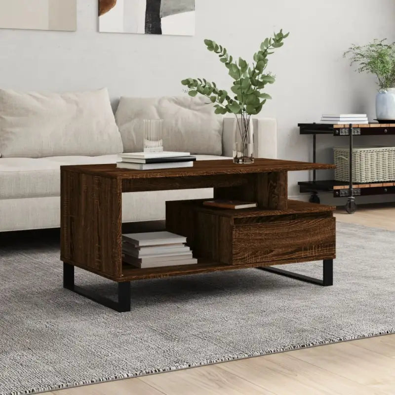 Salontafel met bewerkt hout en metalen poten voor een stijlvolle woonkamer - bruin eikenkleur / 1 - Salontafels