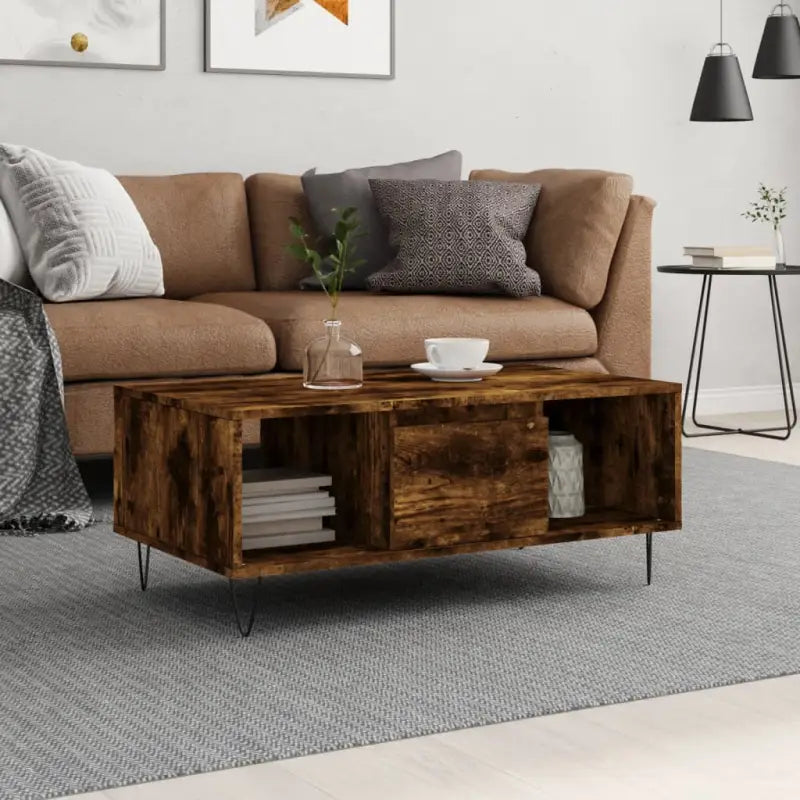 Salontafel met bewerkt hout en metalen poten voor elegante woonkamer - Gerookt eiken / 1 - Salontafels