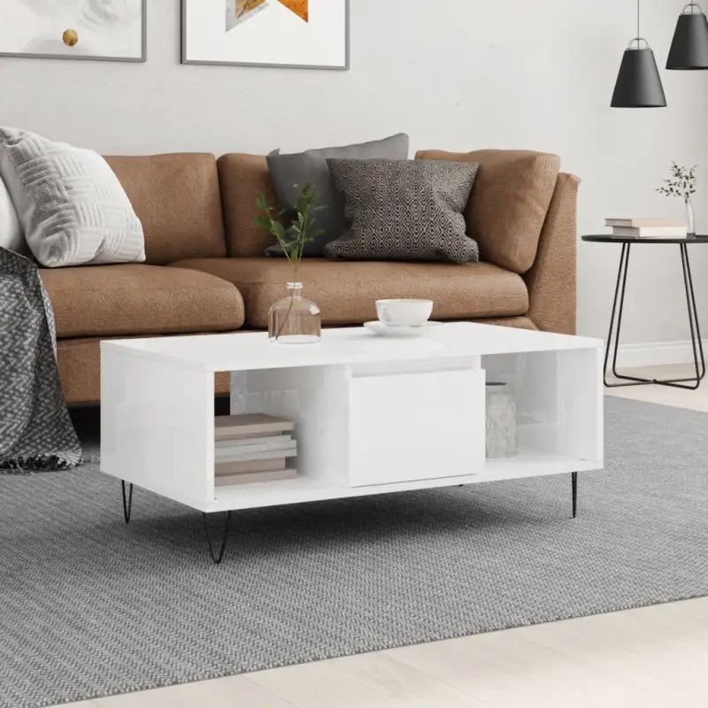 Salontafel met bewerkt hout en metalen poten voor elegante woonkamer - Hoogglans wit / 1 - Salontafels