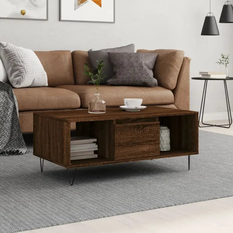 Salontafel met bewerkt hout en metalen poten voor elegante woonkamer - bruin eikenkleur / 1 - Salontafels