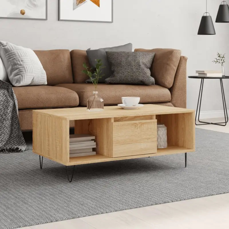 Salontafel met bewerkt hout en metalen poten voor elegante woonkamer - Sonoma eiken / 1 - Salontafels