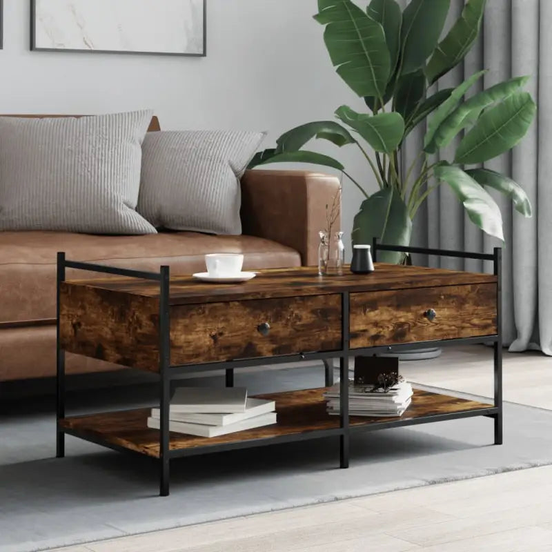 Salontafel met bewerkt hout en verstelbare poten voor elegante woonkamer - Gerookt eiken / 1 / 99 cm - Salontafels
