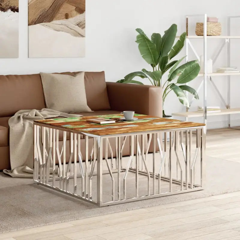 Salontafel met gehard glas en roestvrij staal in modern ontwerp - Zilverkleurig en bruin / 1 / Hout - Salontafels