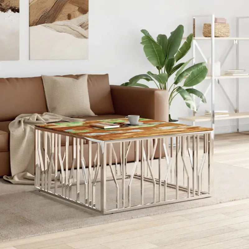 Salontafel met gehard glas en roestvrij staal in modern ontwerp - Zilverkleurig en lichtbruin / 1 / Hout - Salontafels