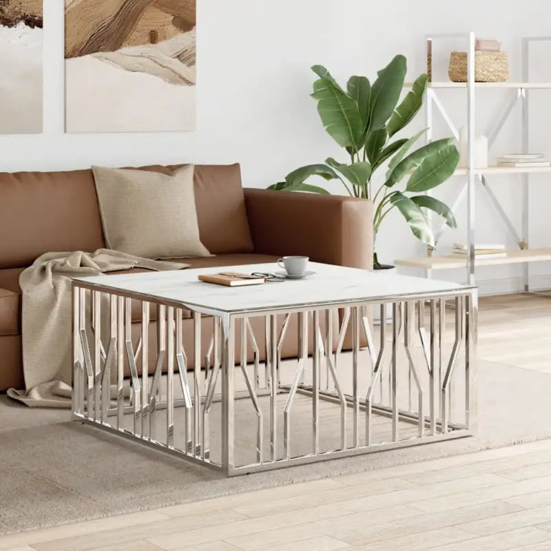 Salontafel met gehard glas en roestvrij staal in modern ontwerp - Zilver en wit / 1 / Glas - Salontafels
