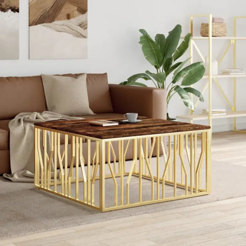 Salontafel met gehard glas en roestvrij staal in modern ontwerp - Goud / 1 / Hout - Salontafels