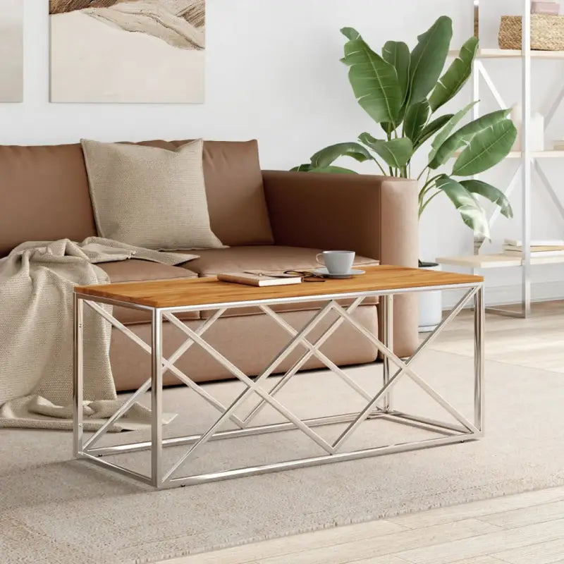 Salontafel met glazen blad en roestvrij staal voor een moderne uitstraling - Zilverkleurig en lichtbruin / 1 / Hout