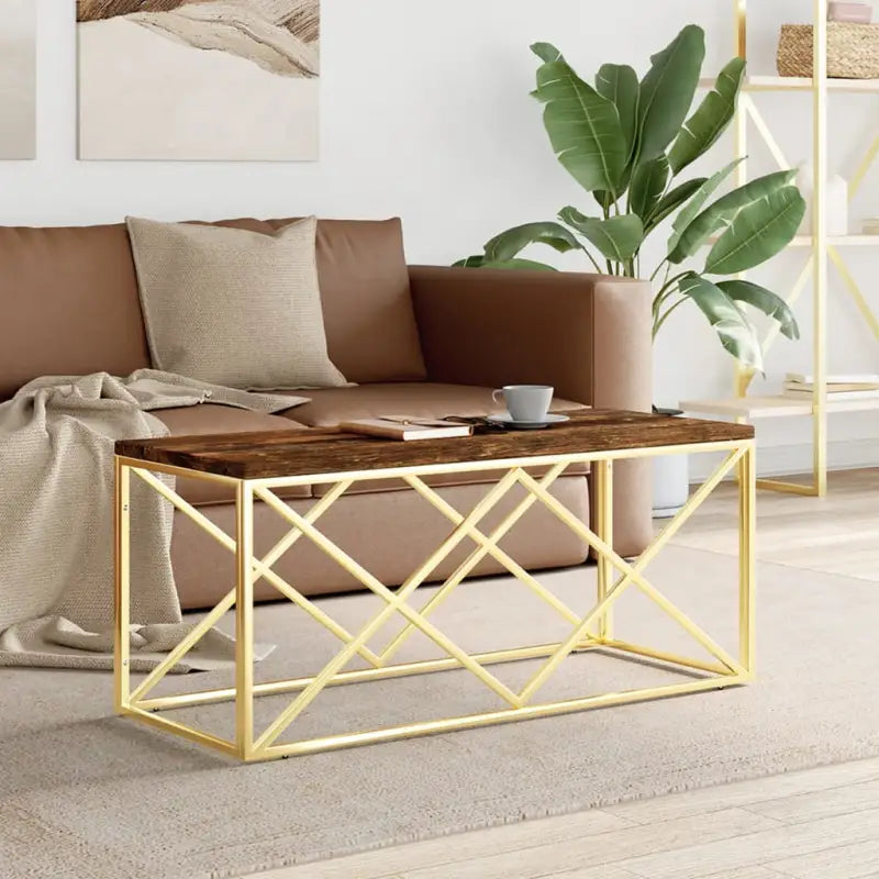 Salontafel met glazen blad en roestvrij staal voor een moderne uitstraling - Goud / 1 / Hout - Salontafels