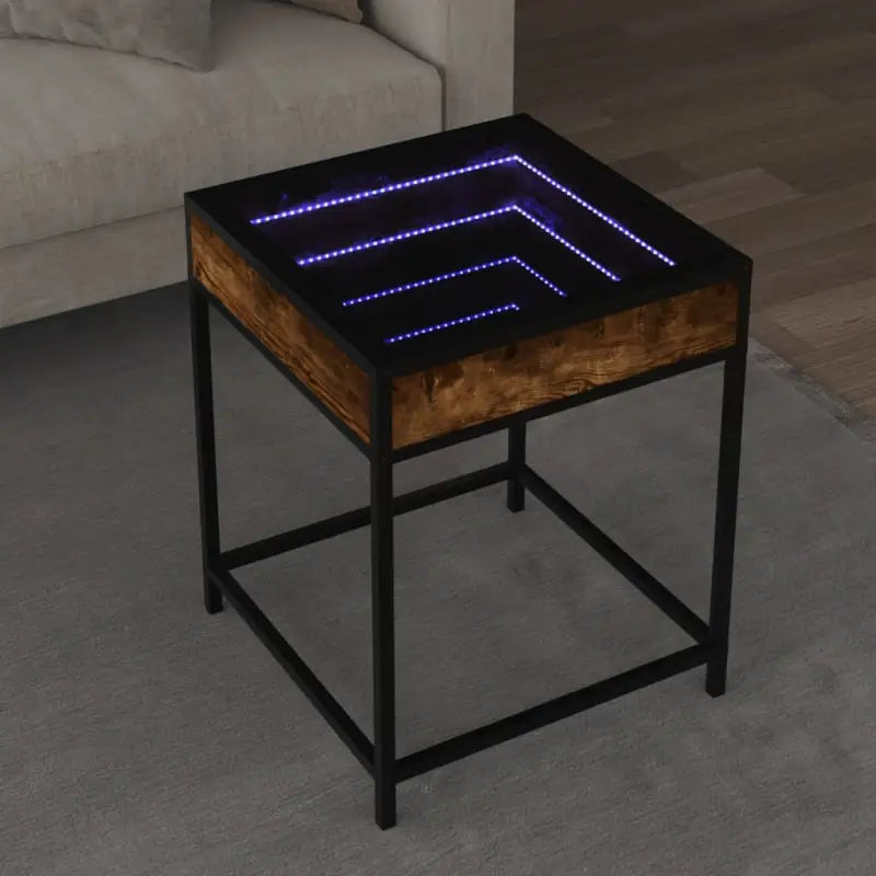 Salontafel met LED-infinity spiegel en bewerkt hout voor duurzame stijl - Gerookt eiken / 40 x 40 x 51 cm / 1