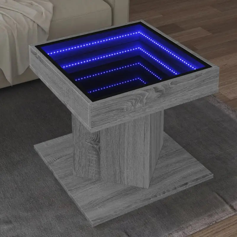 Salontafel met LED-infinity spiegel in bewerkt hout en grijs Sonoma - Salontafels