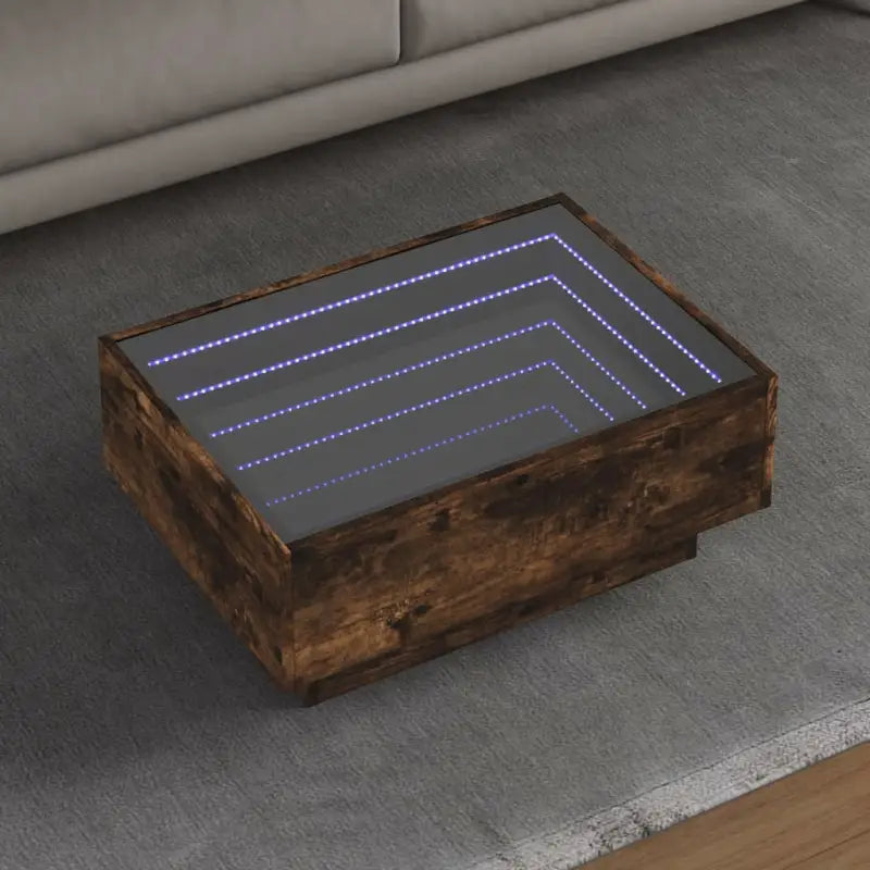 Salontafel met LED-infinity spiegel van bewerkt hout voor elke ruimte - Gerookt eiken / 70 x 50 x 30 cm / 1