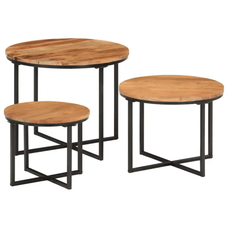 Salontafel met massief acaciahout en ijzeren poten voor stijlvolle woonkamer - 35 x 35 x 30 cm + 45 x 45 x 35 cm + 55 x